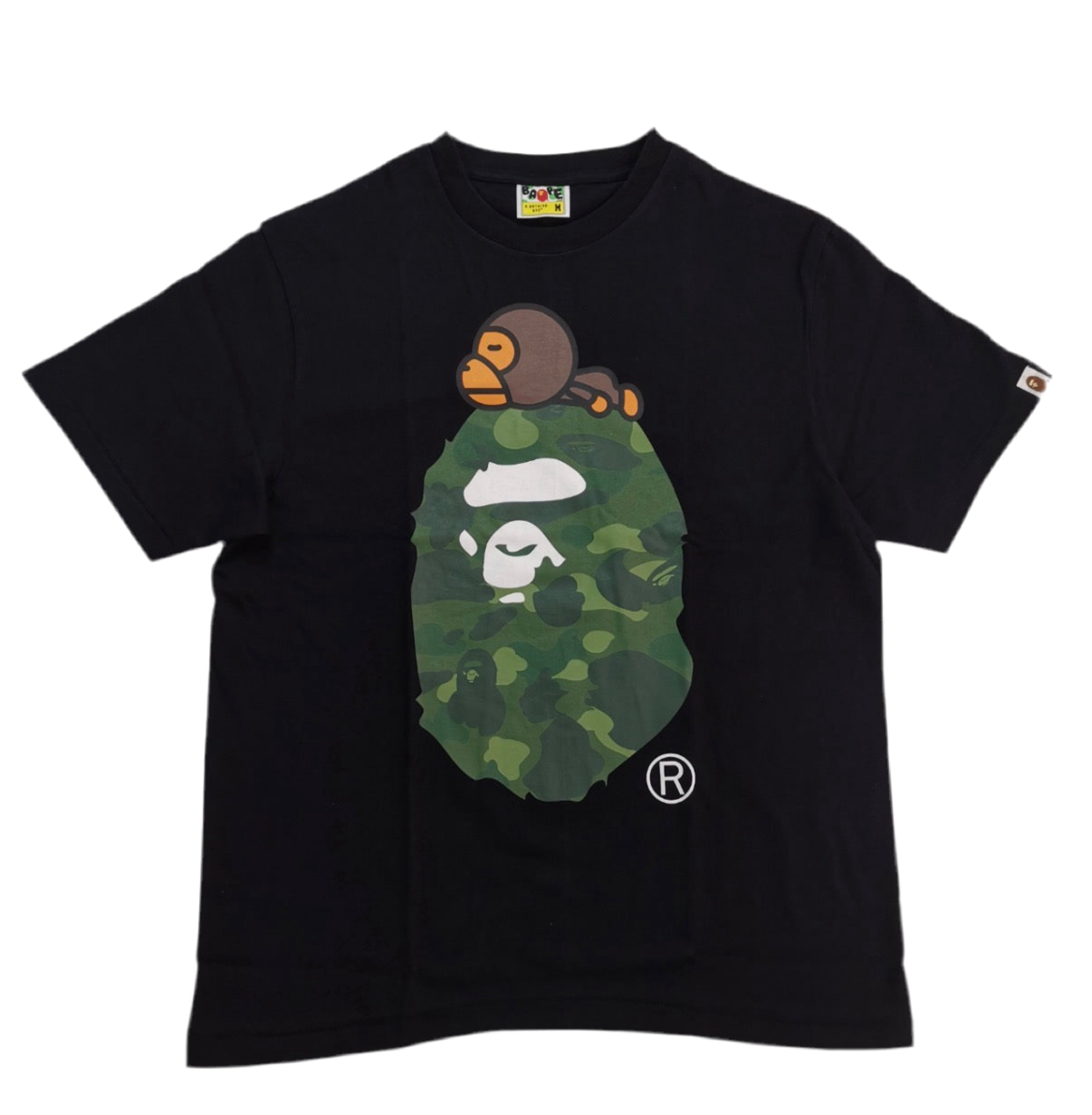 Black t-shirt with a graphic design of a bear and leaf on a white background