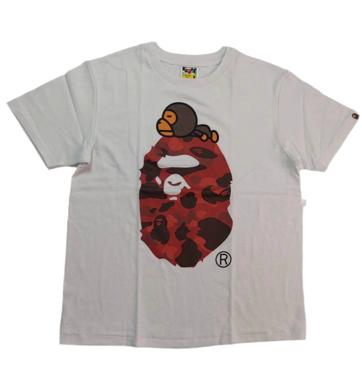 Gray t-shirt with red and black graphic design on a white background