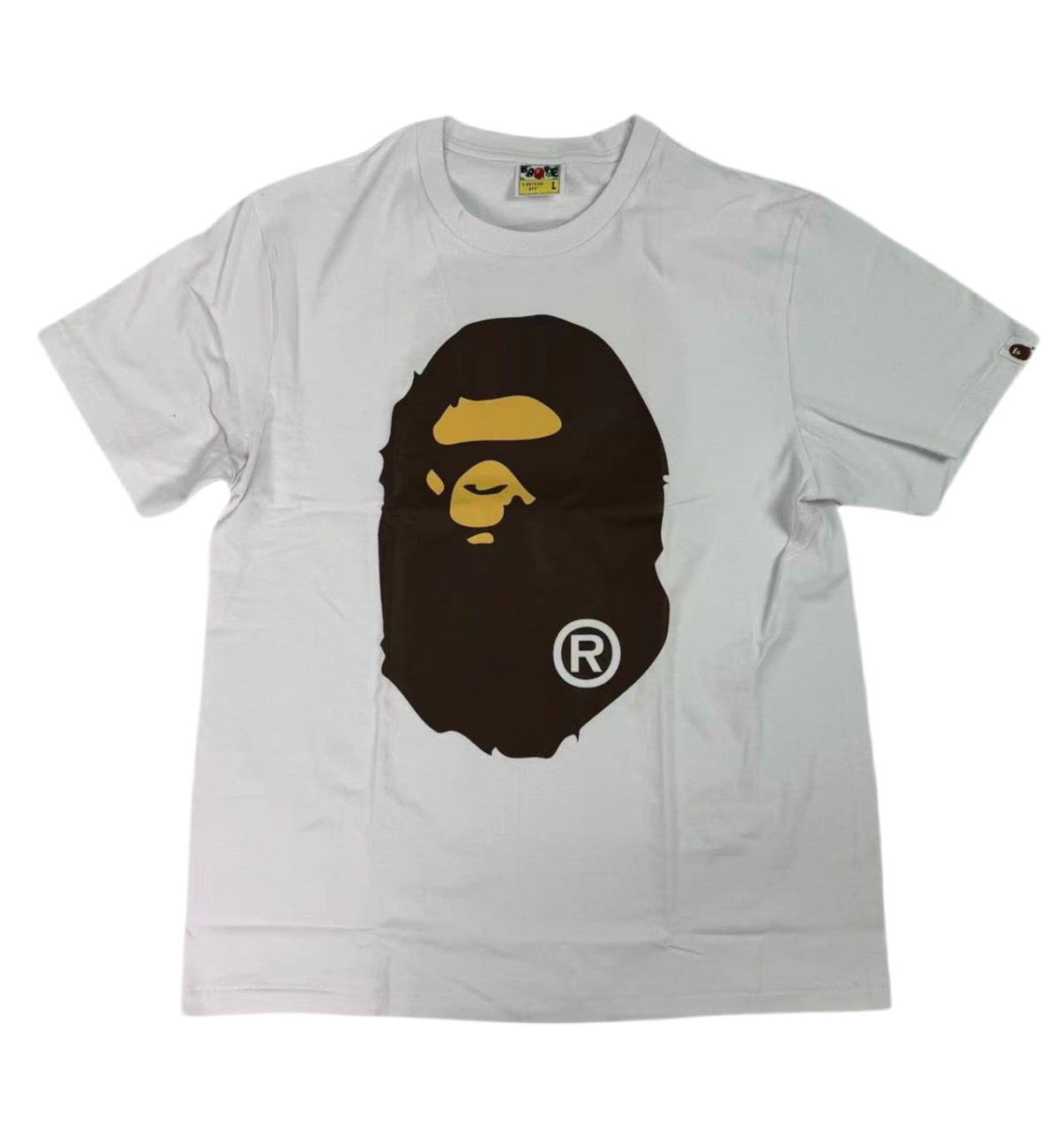 White t-shirt with a black and yellow graphic of a bear head on a white background