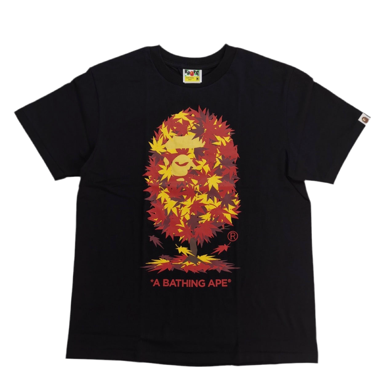 Black t-shirt with red and yellow graphic design on a white background