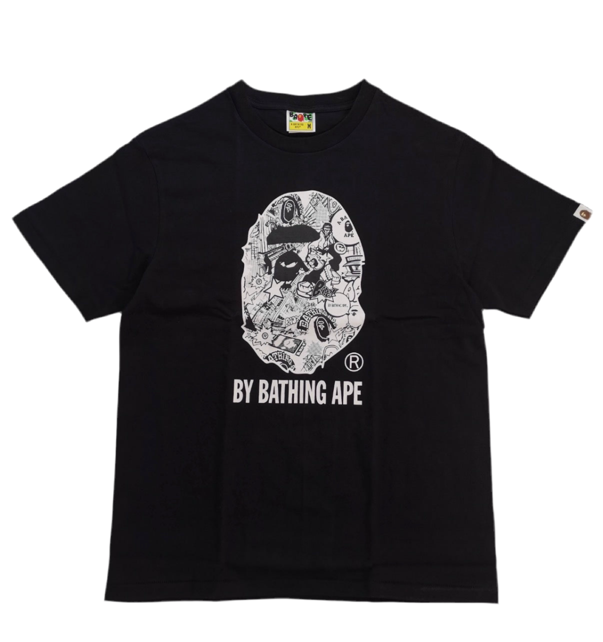 Black t-shirt with white graphic design and text on a white background