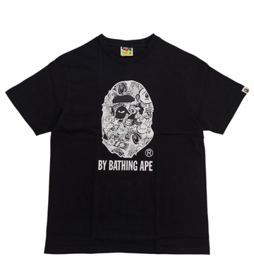 Black t-shirt with white graphic design and text on a white background