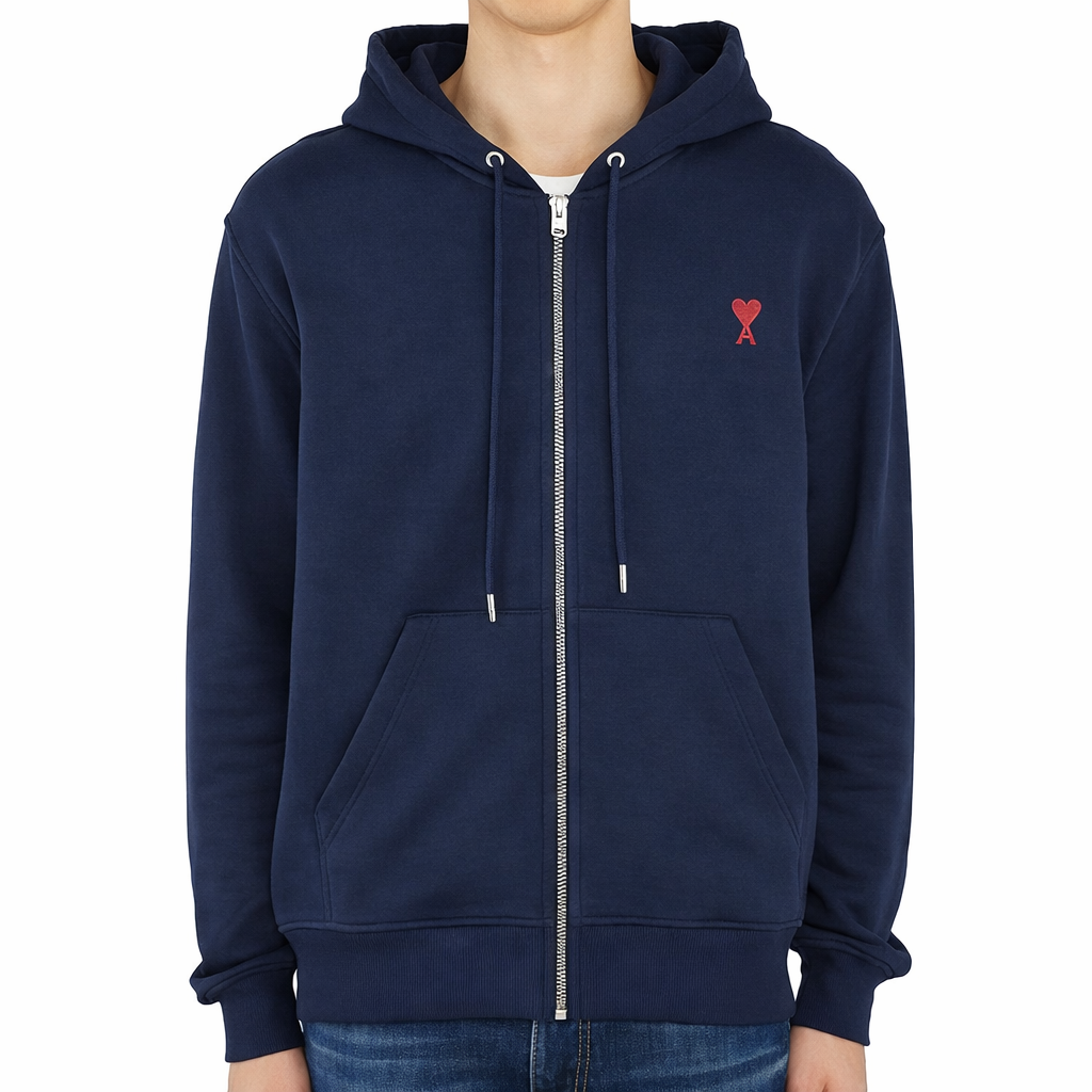 AMI Paris Navy Ami De Coeur Zip-Up Hoodie