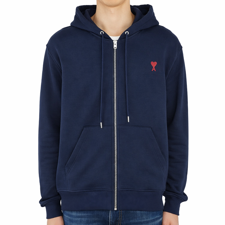 AMI Paris Navy Ami De Coeur Zip-Up Hoodie