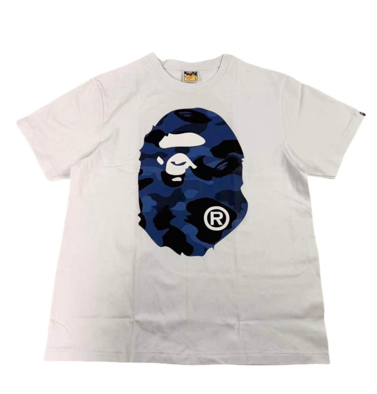 White t-shirt with a blue camouflage logo on a white background