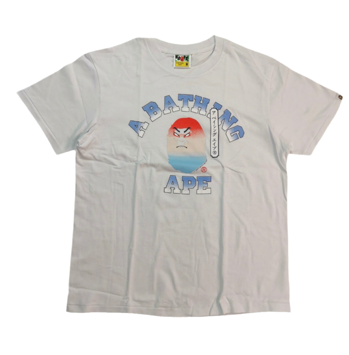 White t-shirt with 'A Bathing Ape' graphic design on a white background