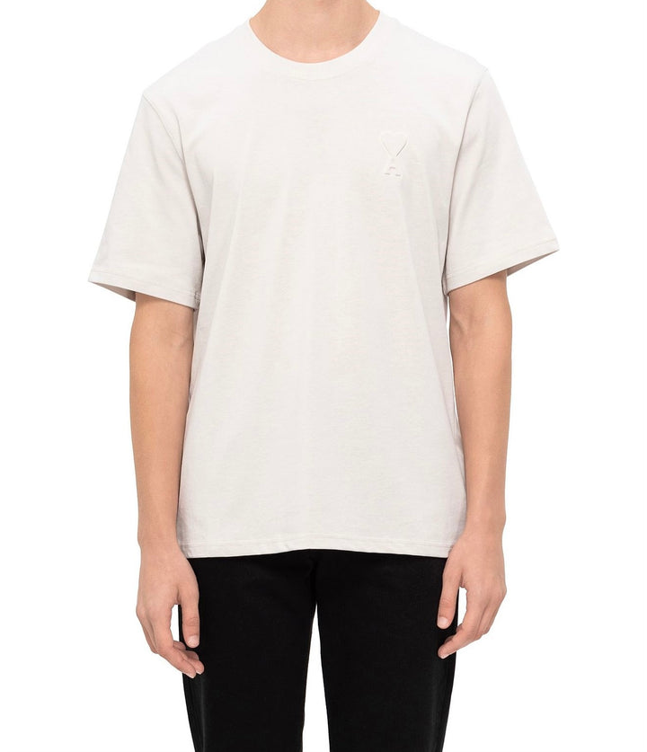 White AMI Paris Embossed Heart T-Shirt in Light Taupe