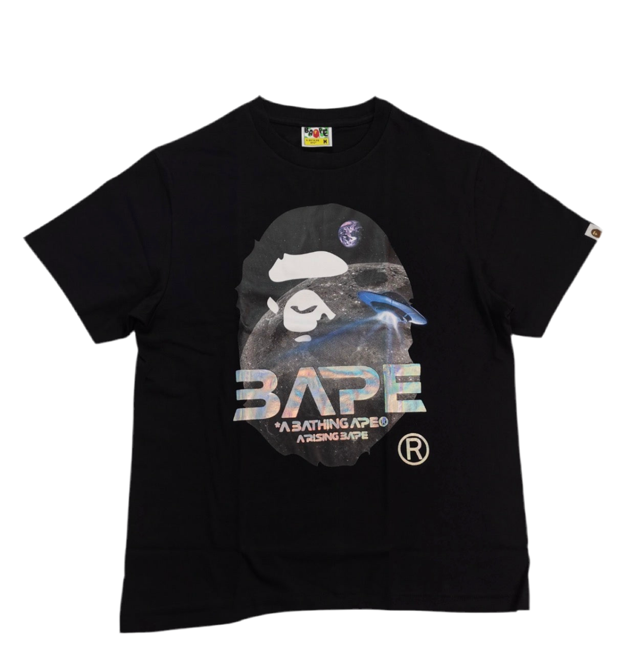 Black t-shirt with BAPE logo and graphic on a white background