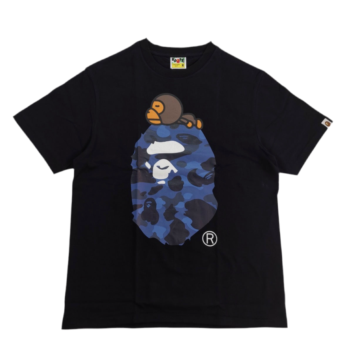 Black t-shirt with blue camouflage bear graphic on a white background