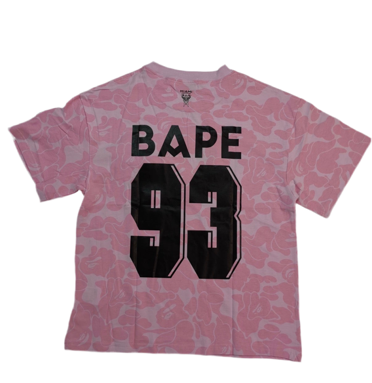 Pink camouflage t-shirt with 'BAPE' and number '93' on a white background
