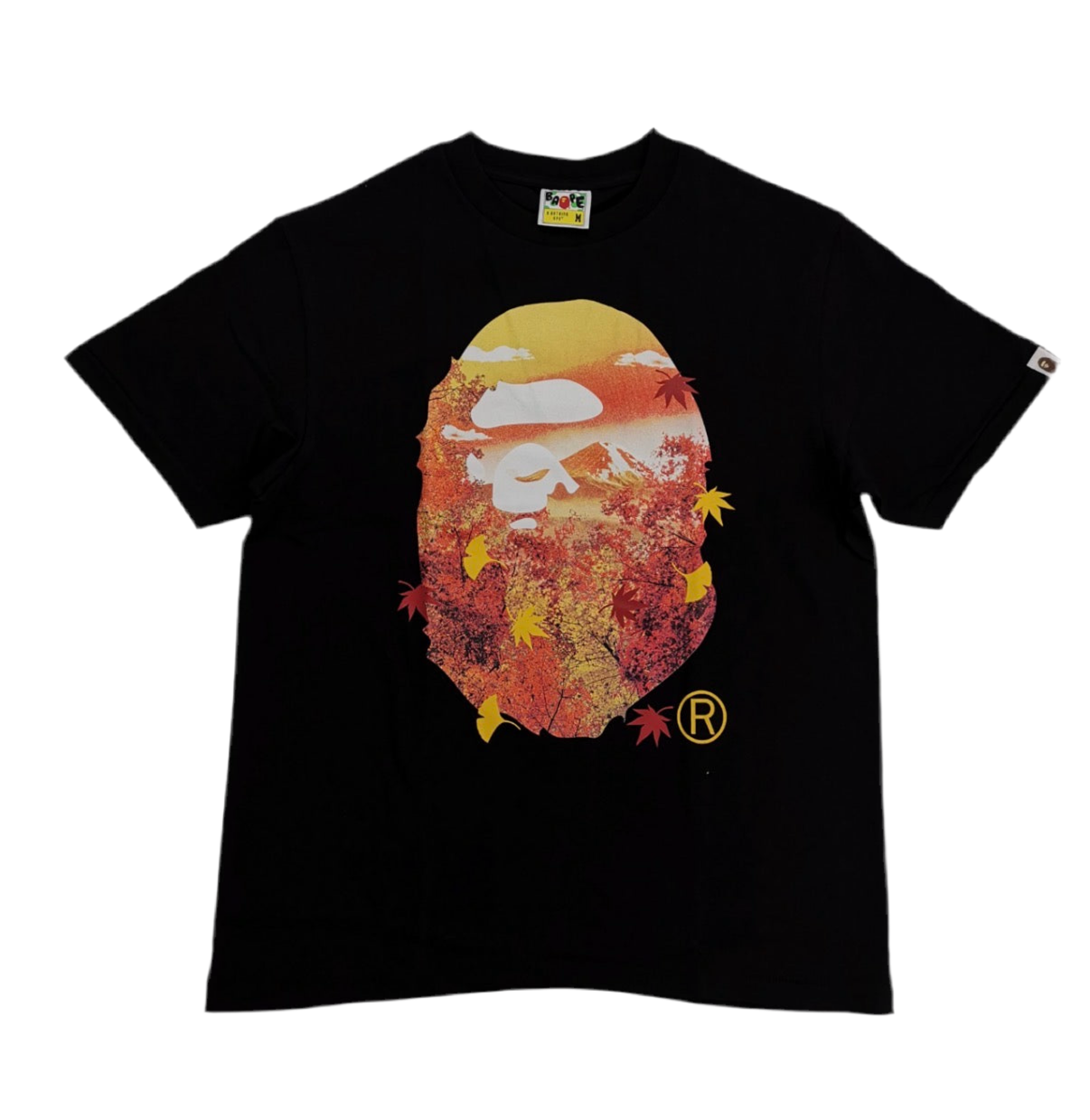 Black t-shirt with a colorful graphic design on a white background