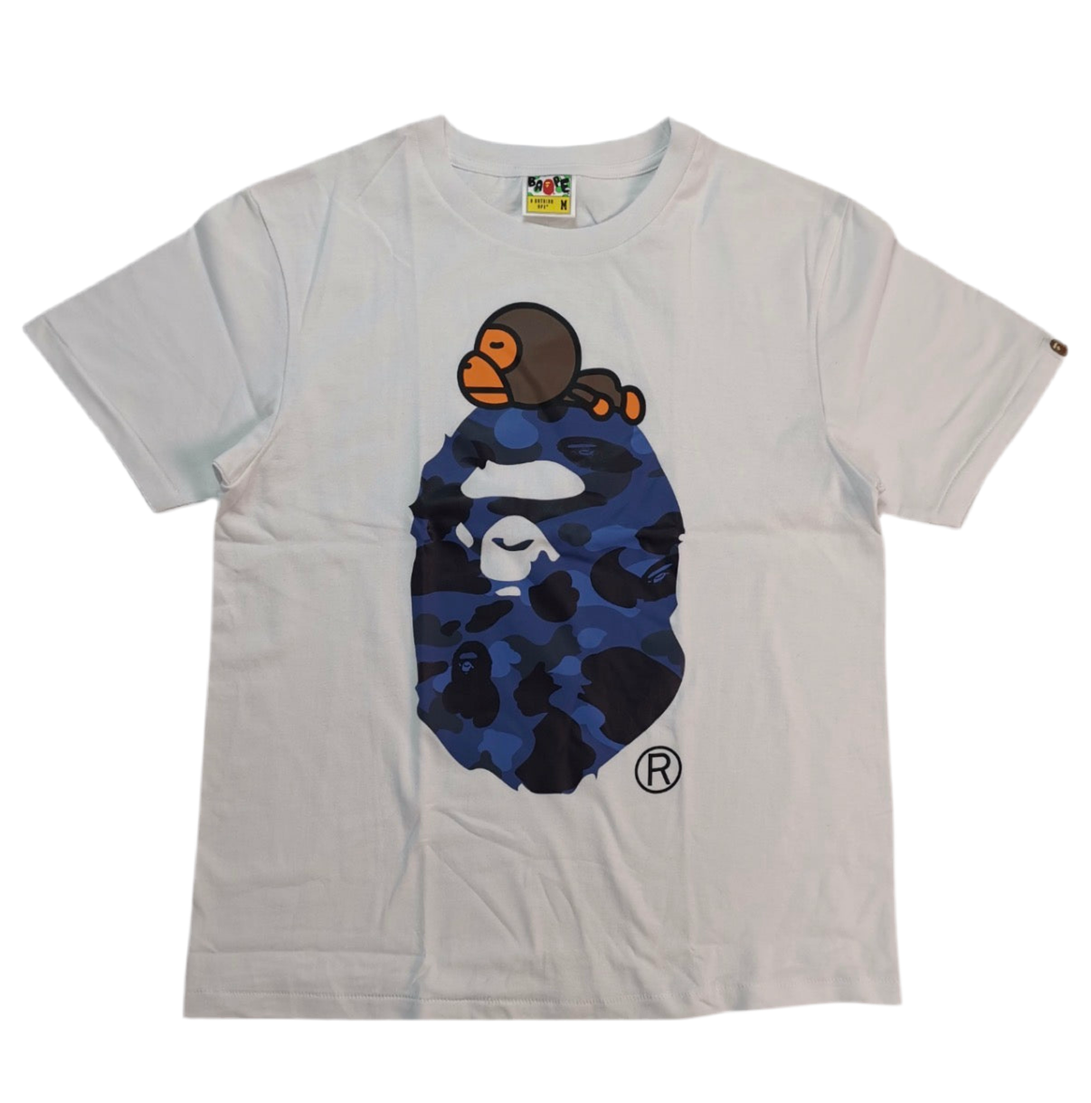 Gray t-shirt with a colorful graphic design on a white background