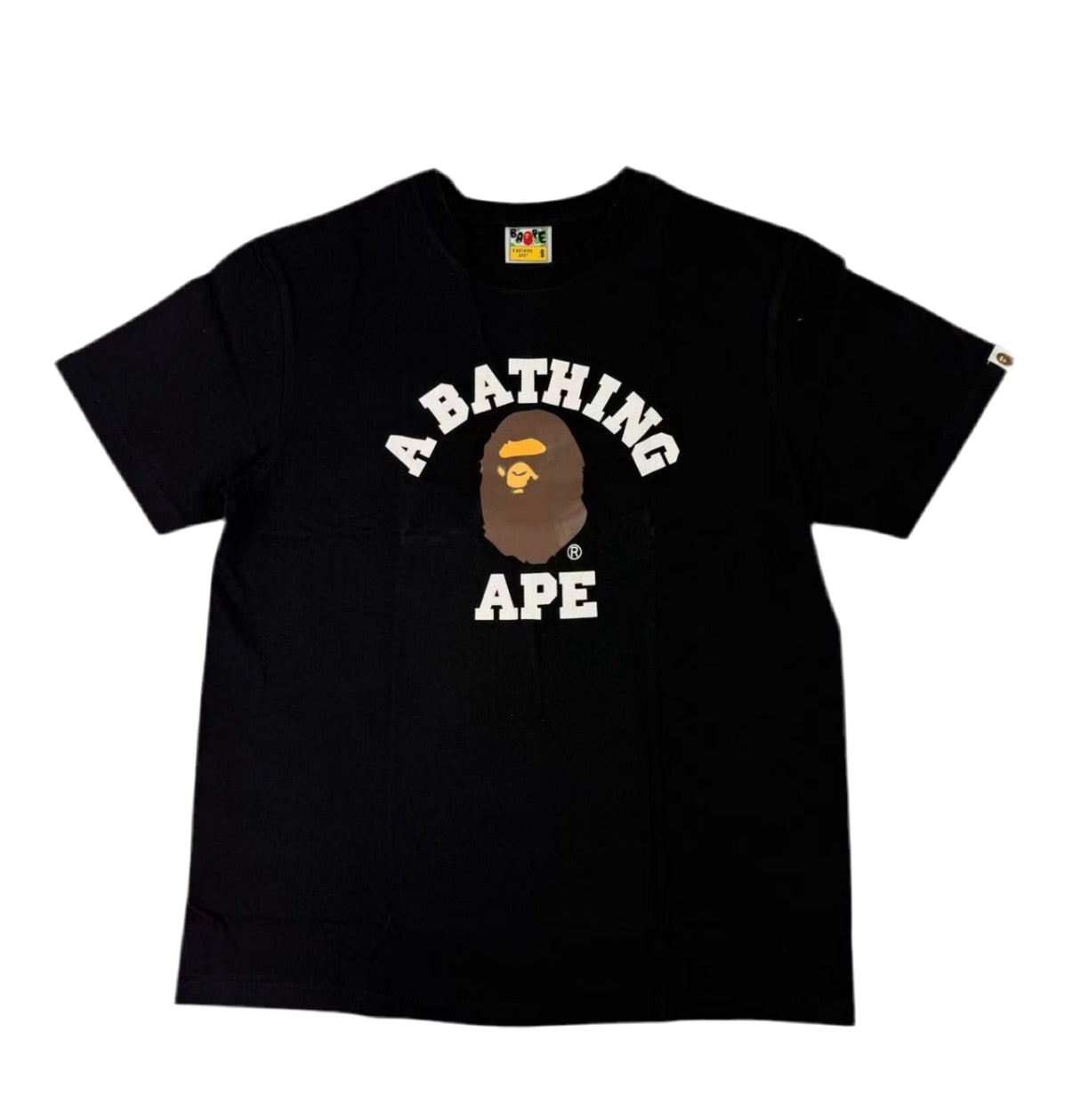 Black t-shirt with 'A Bathing Ape' logo on a white background
