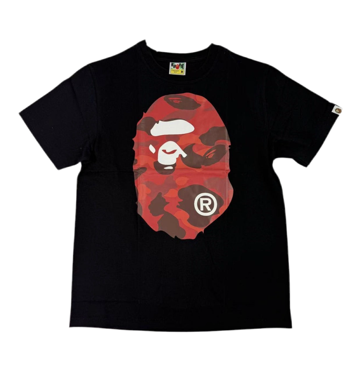 Black t-shirt with red and brown camouflage graphic on a white background