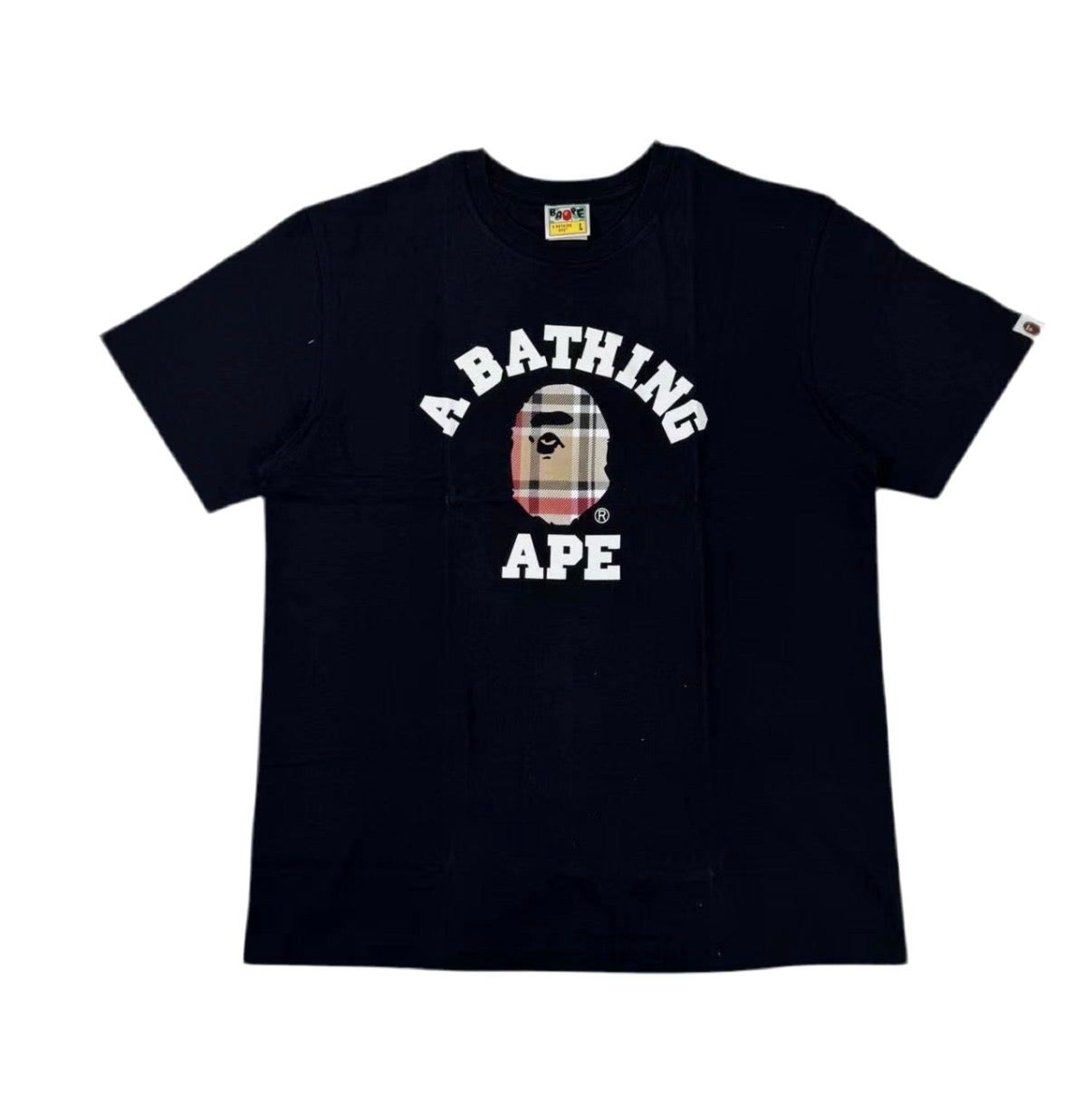 Black t-shirt with 'A Bathing Ape' logo on a white background