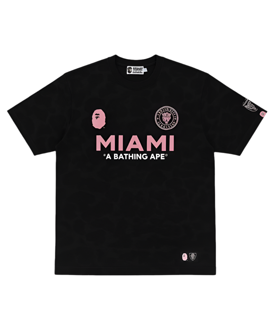 Black t-shirt with pink and white text and graphics on a white background