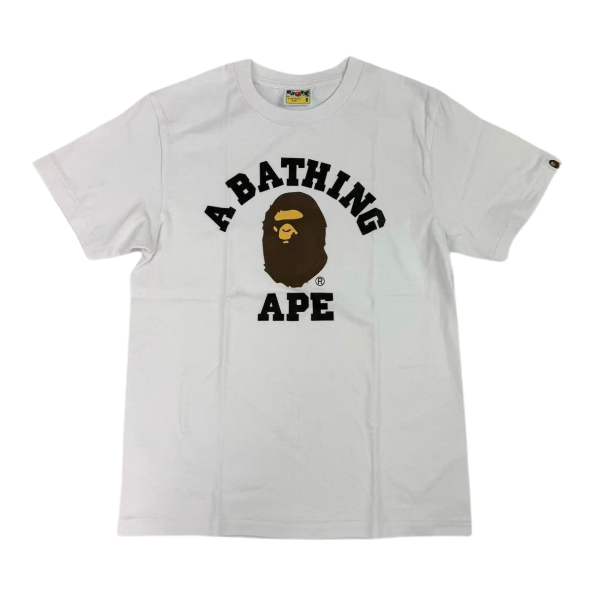 White t-shirt with 'A Bathing Ape' logo on a white background