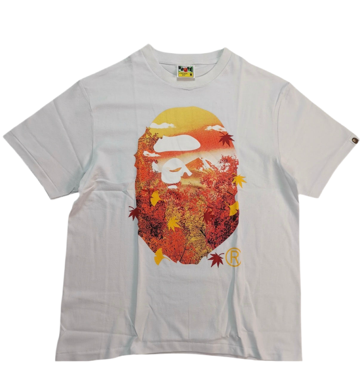 White t-shirt with a colorful graphic design on a white background