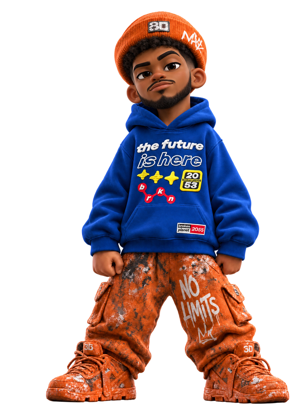 SpotIt character wearing the blue The Future Is Here hoodie